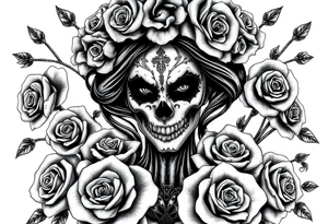 Powerful and evil day of the dead female,  surrounded by unclaimed souls and roses tattoo idea