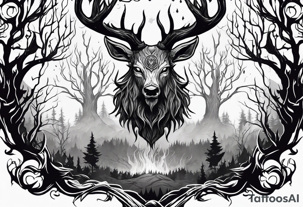 A spooky dead lore accurate wendigo surrounded by a forest fire in background tattoo idea