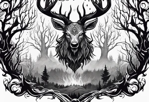 A spooky dead lore accurate wendigo surrounded by a forest fire in background tattoo idea