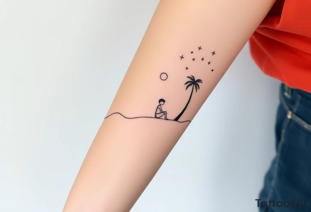 Create a minimalist tattoo design that wraps around the upper right arm, just below the armpit and above an existing blackwork sleeve.

Design Flow:

The tattoo is connected by a thin, continuous line that wraps around the arm.

On the outer/front arm, place a small, minimal walking figure on the line, moving forward. The line should have a gentle wave under his steps to create movement.

The line continues to the inner arm, where a boy is sitting on the line (with his back to the viewer, legs dangling below the line).

To the right of the boy, place a slightly leaning palm tree growing from the line.

Behind or beside the tree, include a minimal sun, low on the horizon (simple circle or half-sun).

In the space above, softly scatter minimalist stars, mostly dots, with 2–3 sparkles or tiny diamond shapes.

Style Notes:

Keep everything in fine line / minimalist style, no heavy shading

Design should feel light, dreamy, and reflective — symbolizing balance between stillness and motion

Line should echo the flow of the existing tribal/blackwork arm band below, but not mimic or clash with it

The boy should sit directly under the palm and with the back to the viewer and the feet hanging from the line. can you make the boy closer to the palm and with the back to the viewer? tattoo idea