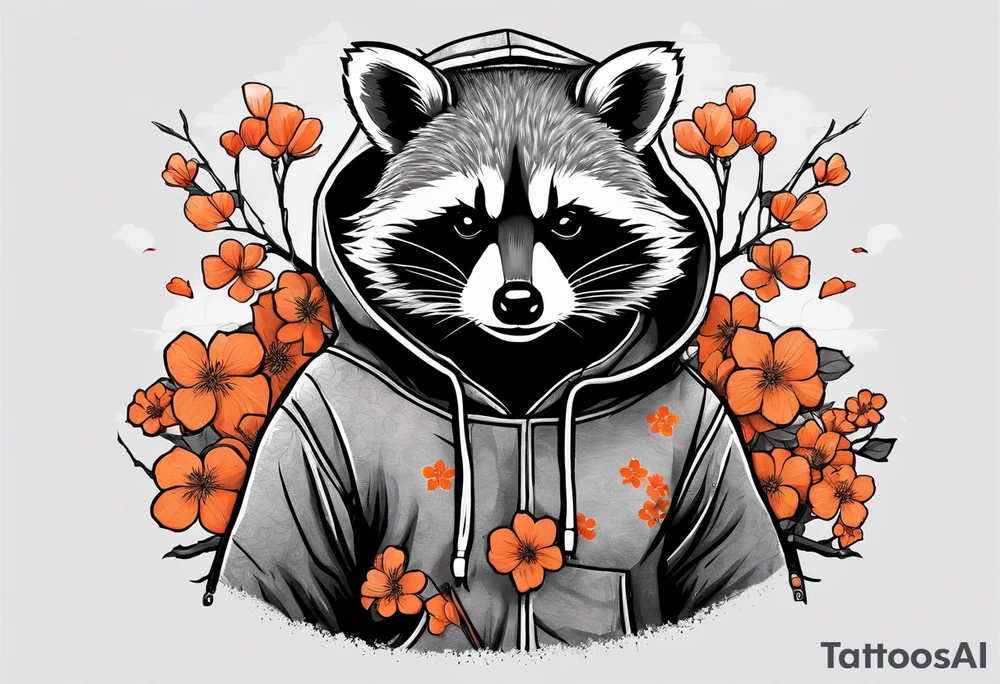 raccoon wearing a Superman hoodie with orange Japanese cherry blossoms tattoo idea