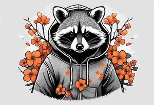 raccoon wearing a Superman hoodie with orange Japanese cherry blossoms tattoo idea