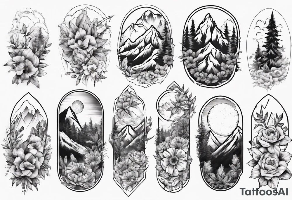 moutains and floral sleave tattoo idea