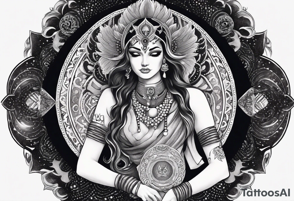 black kali, goddess pirate, alien, angel, pachamama, valkrye, warrior, flying, skull, lotus azul, wing, eagle, zenza resonance, stars, 5D, anahata chakra, death, durga, riding on a tiger, flying lady, kundalini, chest tatoo, samuri, rebel, serpent tattoo idea