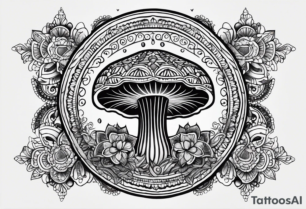 Black mushroom tattoo with henna style mandala design surrounding it tattoo idea