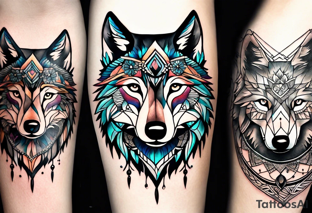 A whimsical wolf tattoo featuring mandala or dream catcher elements, with the wolf as the central focus. Show the wolves whole body standing surrounded by mountains in the background. Include flowers and nature elements to fill the space around the wolf. Some color but not completely solid bold color tattoo idea