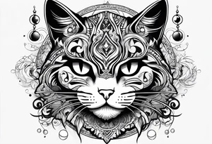 cat with an angry face surrounded by  planets tattoo idea