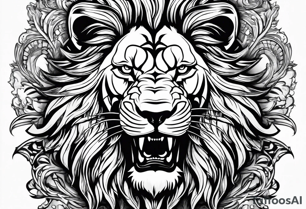 Lion head roaring with warrior inset tattoo idea