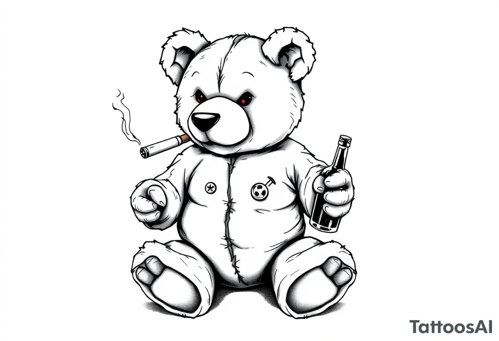 "A black and white realistic tattoo design of a rebellious teddy bear. The bear looks worn out, with visible stitches, a torn ear, and a button eye. It sits in a relaxed pose, holding a smoking cigar in one paw and a whiskey bottle in the other. Some stuffing is peeking through its seams. The bear has a smug expression, and its eyes glow red as a minimal color accent. The style is detailed, dark, and edgy, perfect for a tattoo. tattoo idea