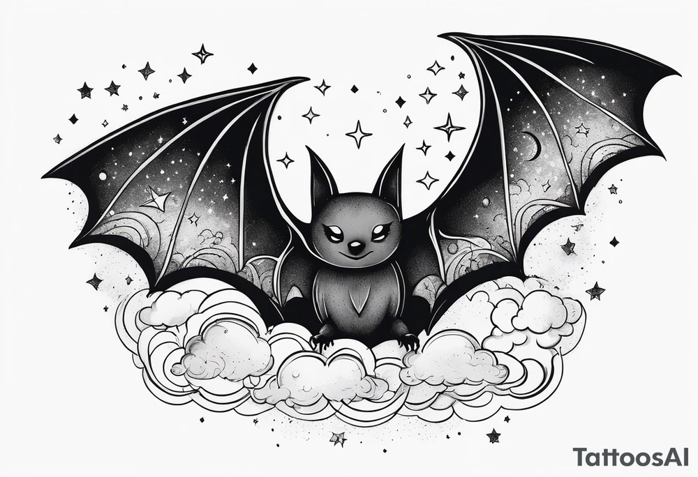 A bat wrapped in clouds and smoke with stars and sparkles and a moon tattoo idea