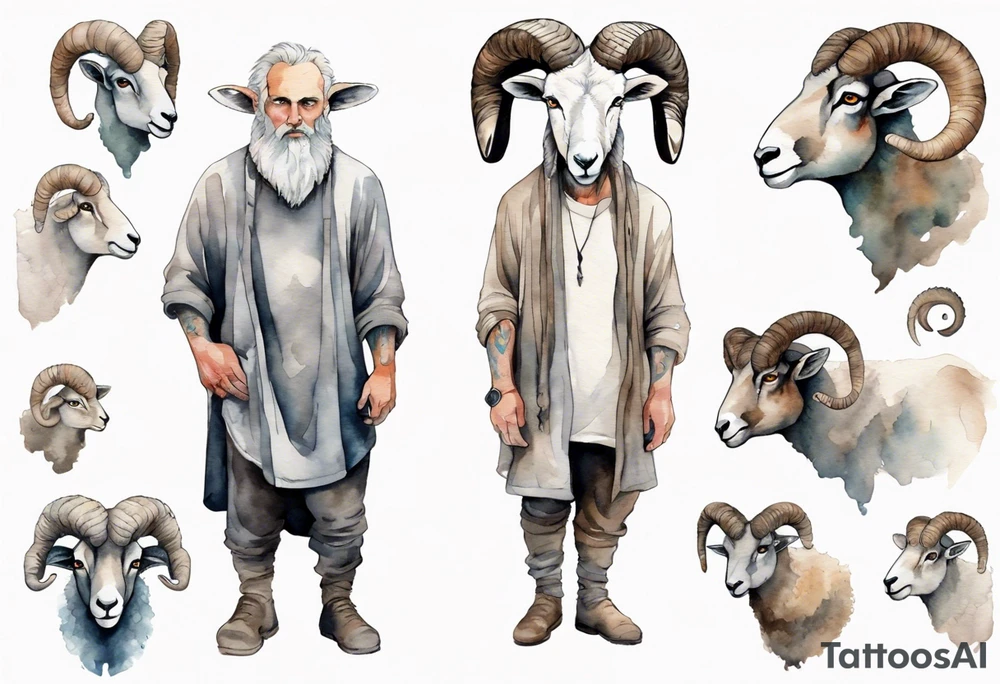 a solitary broad-shouldered man with the head of a big-horned sheep, wearing a grey tunic standing before a cave tattoo idea
