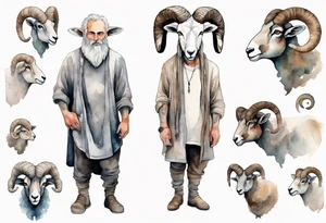 a solitary broad-shouldered man with the head of a big-horned sheep, wearing a grey tunic standing before a cave tattoo idea