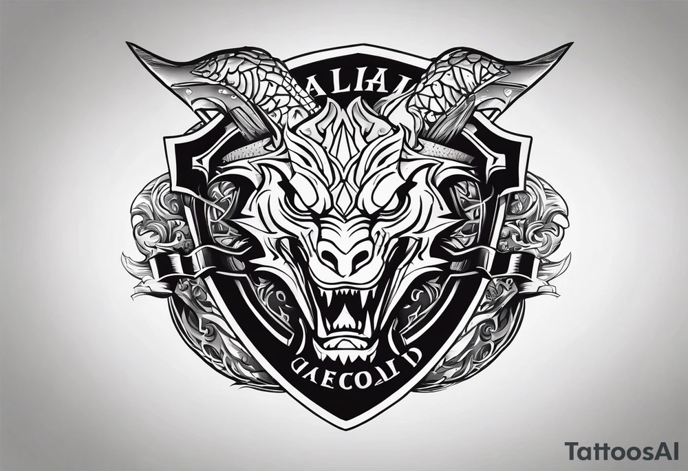 Valhalla sword shield dragon head axe tattoo idea