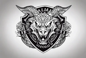Valhalla sword shield dragon head axe tattoo idea