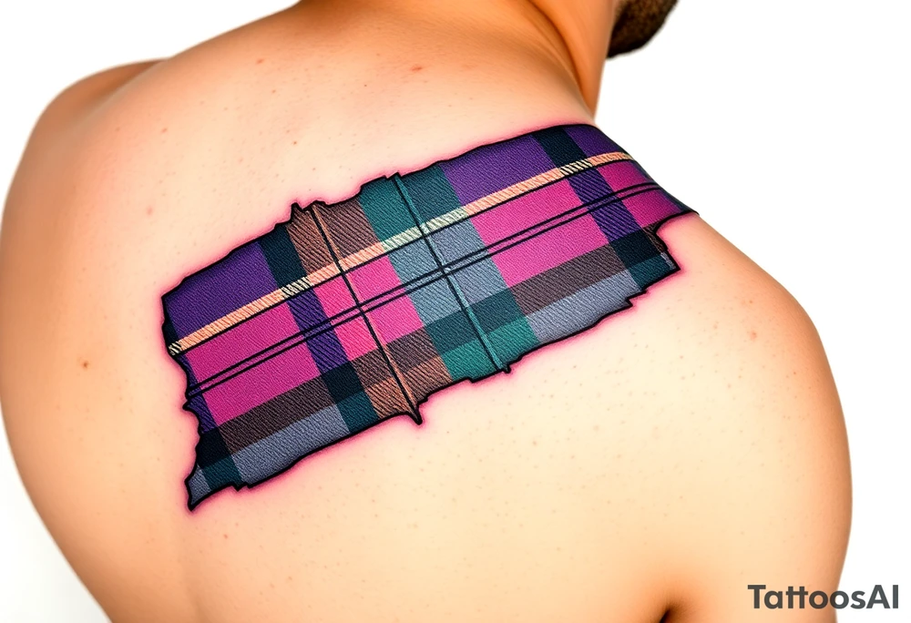 Side of arm Dark Purple with green pink blue and white highlights tartan fabric with flesh peeling away at edges tattoo idea
