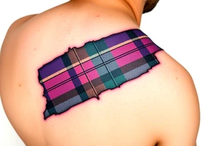 Side of arm Dark Purple with green pink blue and white highlights tartan fabric with flesh peeling away at edges tattoo idea