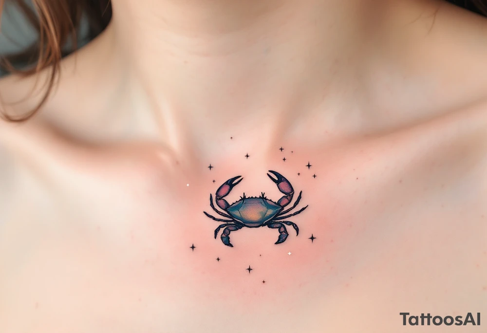 A minimalist crab drawn in black rests beneath white Cancer stars constellation scattered across a dusky rose sky. tattoo idea