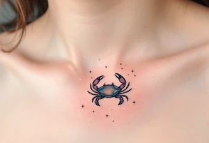 A minimalist crab drawn in black rests beneath white Cancer stars constellation scattered across a dusky rose sky. tattoo idea