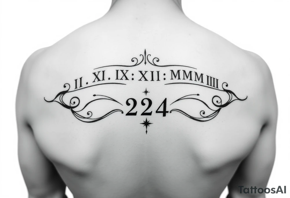 Create tattoo design with equal representation of both Roman numeral dates (IX.IX.MM and II.XXV.MMIII) in a balanced and symmetrical layout, along with the number 224. Let me know if you’d like any modifications! tattoo idea