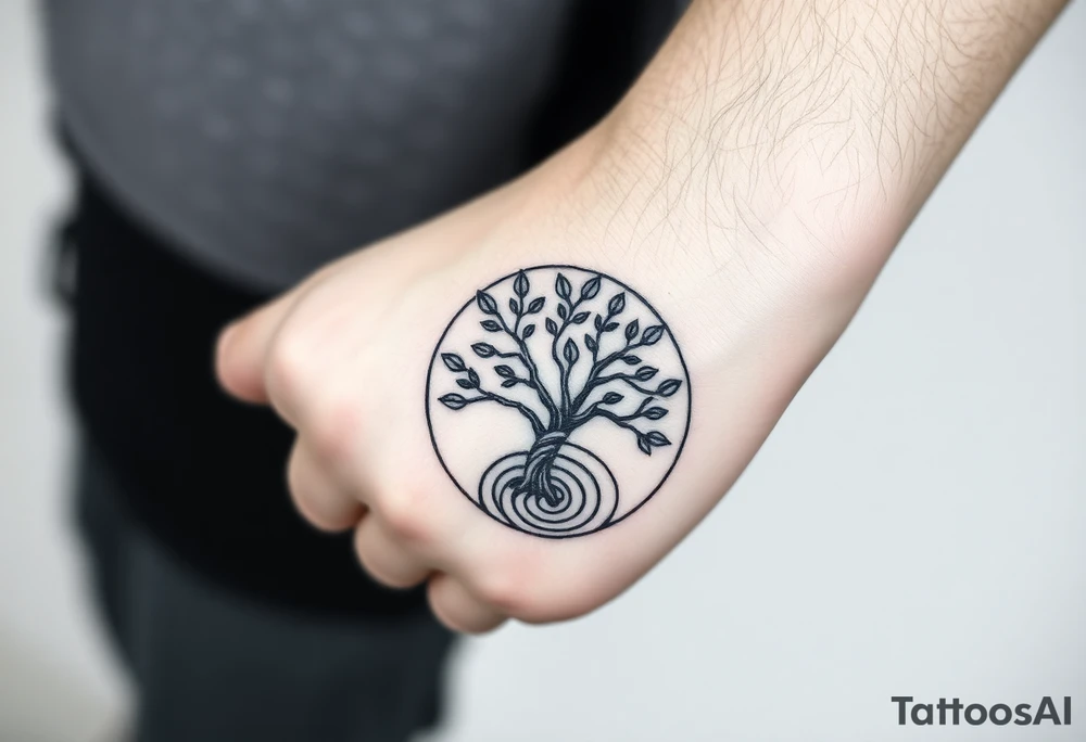 Tree with few leaves, encircled in a circle, with a SPIRAL line starting from the left side of tree and spiraling outward in a clockwise direction tattoo idea