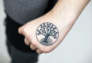Tree with few leaves, encircled in a circle, with a SPIRAL line starting from the left side of tree and spiraling outward in a clockwise direction tattoo idea