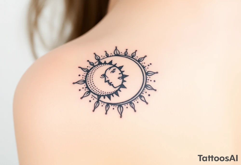 celestial sun and moon embrace with constellation patterns tattoo idea