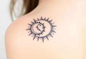 celestial sun and moon embrace with constellation patterns tattoo idea