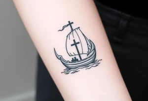 Boat on fire with cross as mast tattoo idea