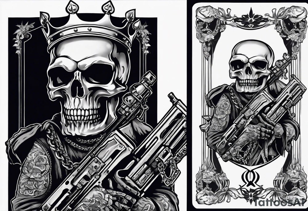 image of a skeleton standing frontally with a crown on his head, holding an AK-47 on his shoulder with his right hand. The chain on the left should be taut, there are three angry barking Dobermans in it, near the waist tattoo idea