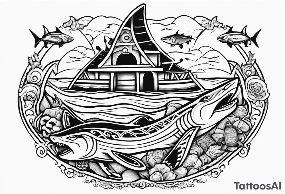 a Polynesian island 3 faced tiki surrounded by a shark, a turtle in an underwater ocean setting tattoo idea
