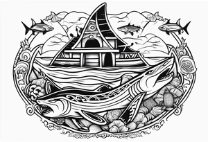 a Polynesian island 3 faced tiki surrounded by a shark, a turtle in an underwater ocean setting tattoo idea