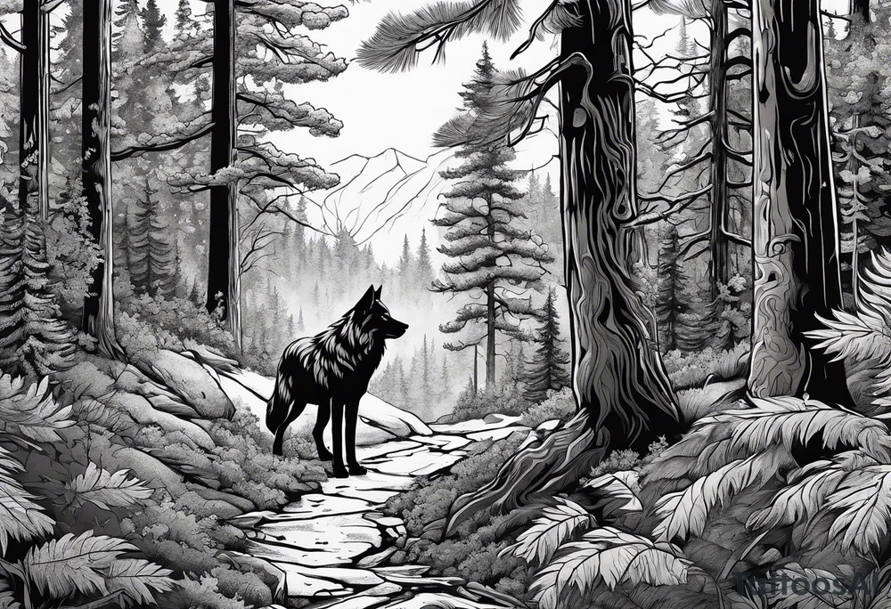 Forest with a wolf walking tattoo idea