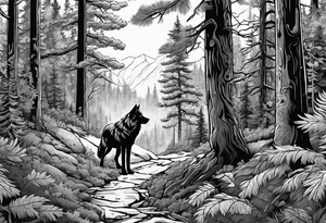 Forest with a wolf walking tattoo idea