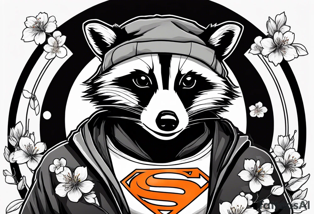 Raccoon wearing a white Superman logo on a black hoodie and orange Japanese cherry blossoms tattoo idea