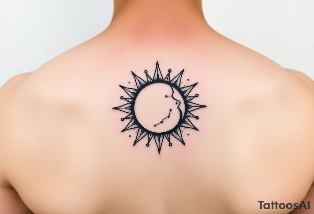 celestial sun and moon embrace with constellation patterns tattoo idea