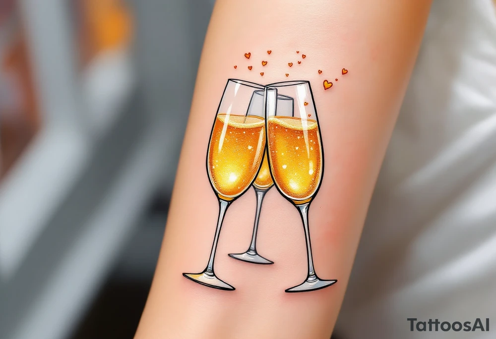 Three bubbly champagne glasses clinking together, filled with golden liquid and sparkling with tiny heart-shaped bubbles. tattoo idea