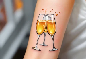 Three bubbly champagne glasses clinking together, filled with golden liquid and sparkling with tiny heart-shaped bubbles. tattoo idea