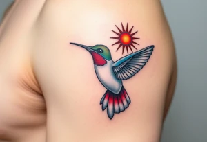 A hummingbird with Ra’s solar disk above its head(only red , blue and black are possible colors) tattoo idea