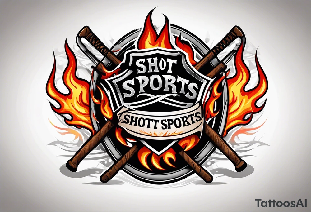 puck with crossed hockey sticks in the background and flames that says "SHOT SPORTS" tattoo idea