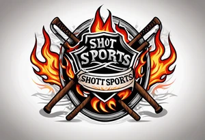 puck with crossed hockey sticks in the background and flames that says "SHOT SPORTS" tattoo idea