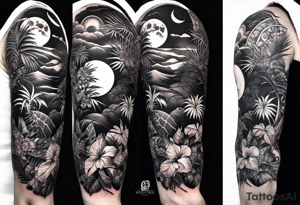 sleeve tattoo with jungle plants and Vegvisir, moon and beach tattoo idea