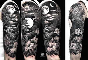 sleeve tattoo with jungle plants and Vegvisir, moon and beach tattoo idea