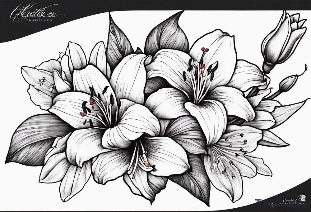 Lily, gladioli, cherry blossom, forget me nots tattoo idea