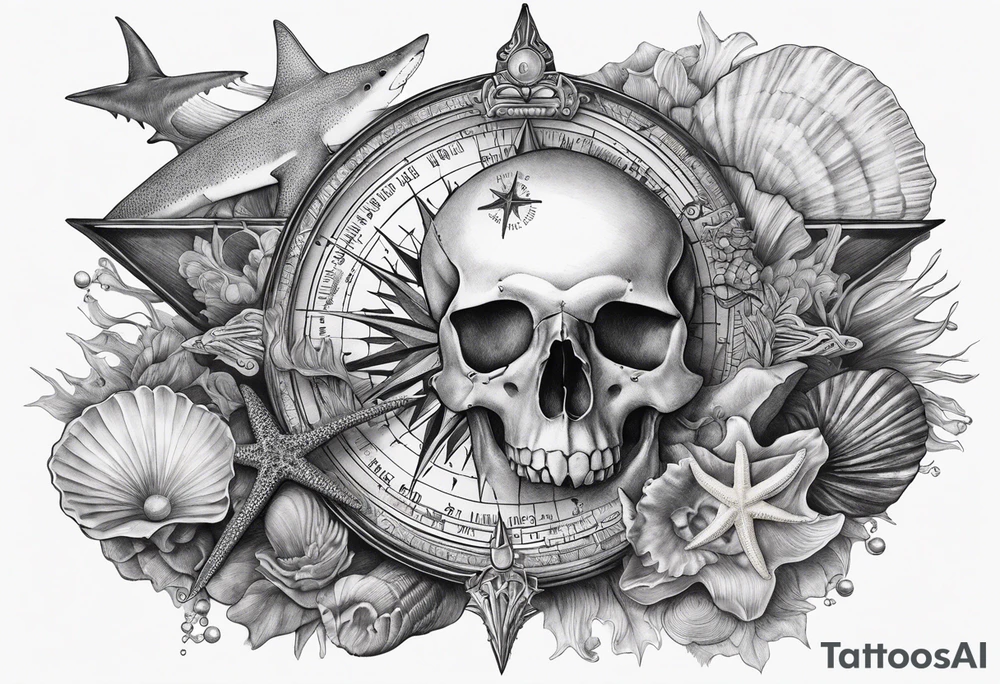 Compass, shells, shark teeth, starfish, oyster with pearl, skull tattoo idea