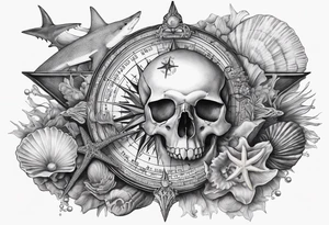 Compass, shells, shark teeth, starfish, oyster with pearl, skull tattoo idea