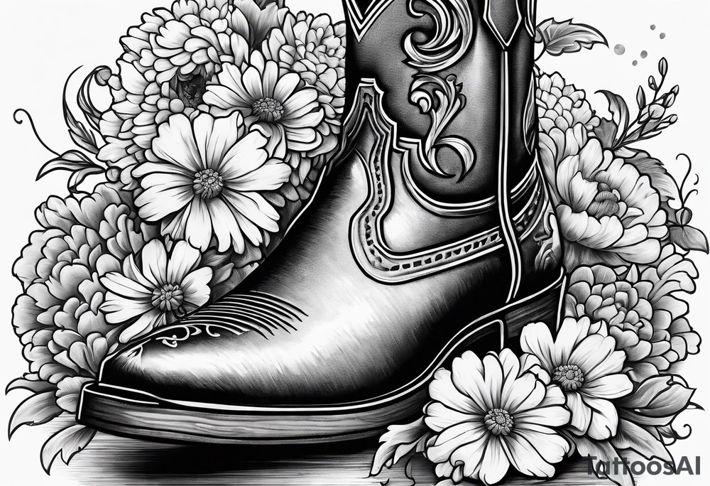 Cowboy boot with bouquet of chrysanthemum, carnations and marigolds inside tattoo idea