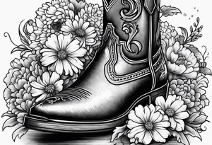 Cowboy boot with bouquet of chrysanthemum, carnations and marigolds inside tattoo idea