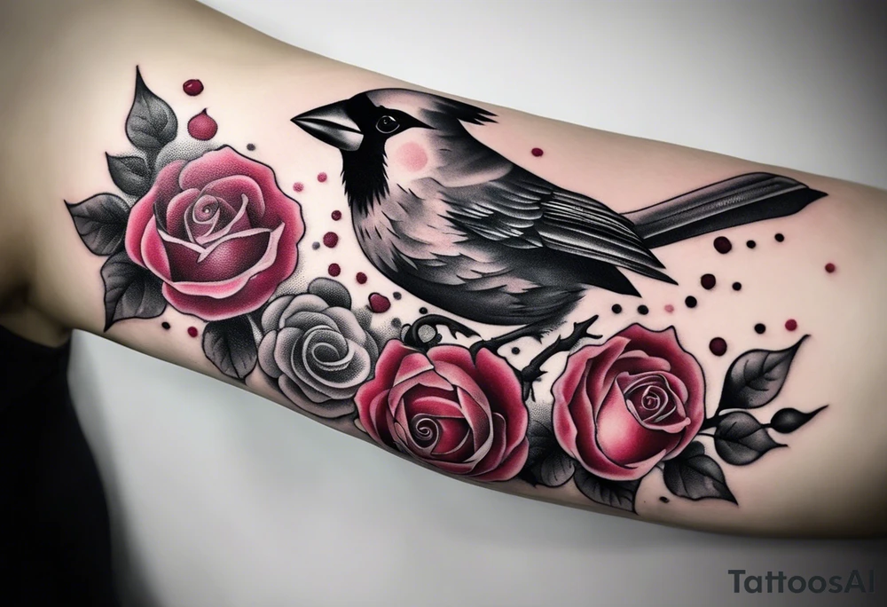 memorial forearm tattoo incorporating roses, a breast cancer ribbon and a cardinal into the tattoo tattoo idea