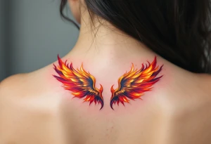 A pair of wings made from fire flames, transitioning from deep red at the base to golden yellow at the tips, symbolizing strength and courage. tattoo idea