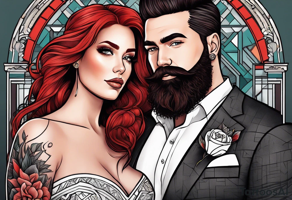Busty red haired woman with a bearded man who has black hair getting married tattoo idea
